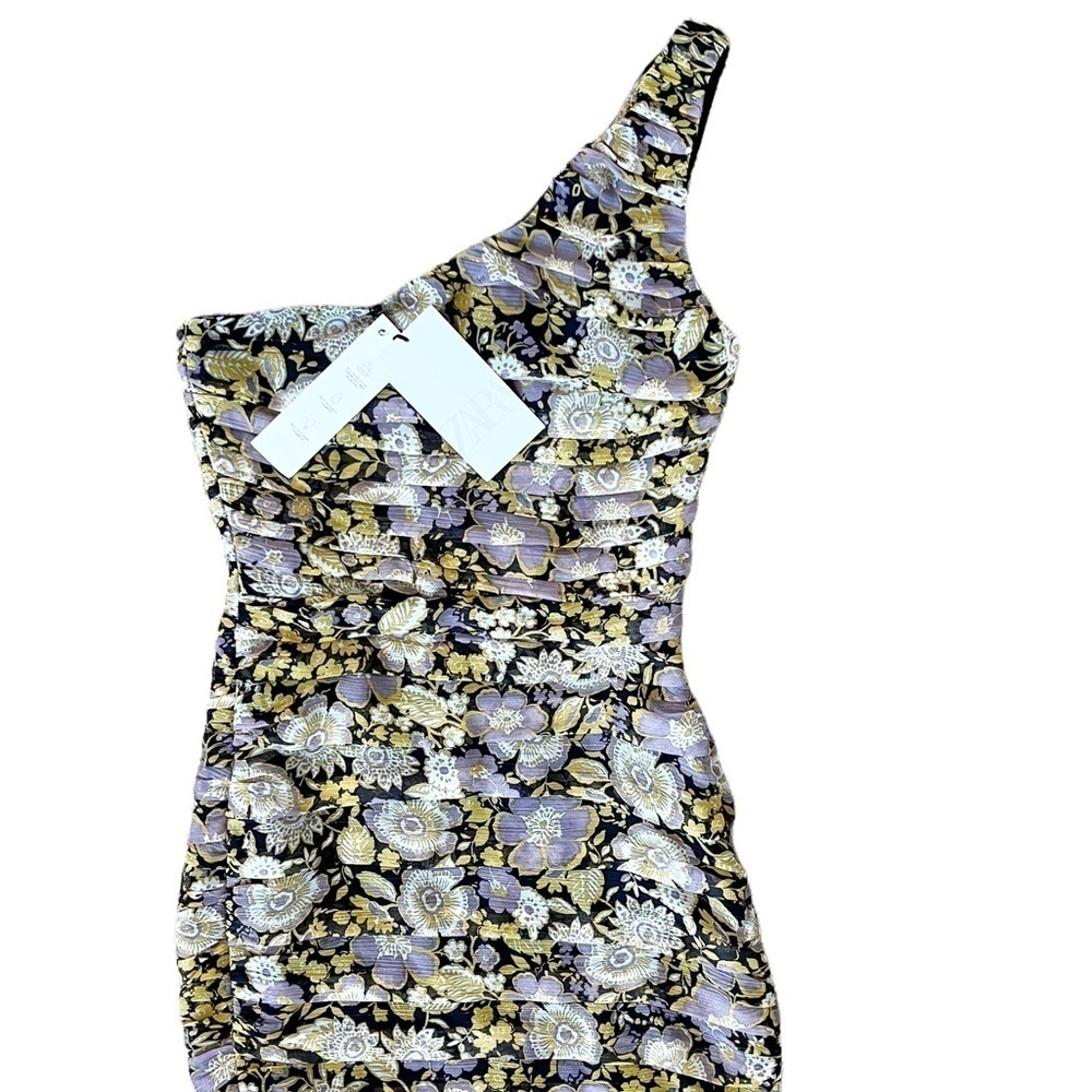 ZARA NWT One Shoulder Ruched Mini Dress Size XS in Floral Multi Print